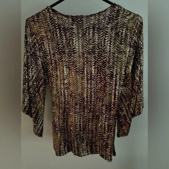 Dressbarn Brown and Cream Wrap Blouse with 3/4 Sleeves - Picture 3 of 3